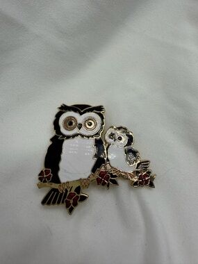 Vintage Cloisonné Owl Pin Brooch in Black, White & Gold
